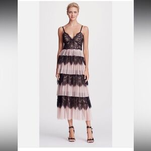 Marchesa Black and Pink Tiered Midi Sundress